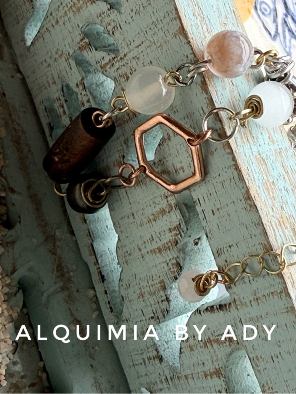 SELENITE AND AGATES Mixed White and Brown Beaded Bracelet with Hexagon Charm